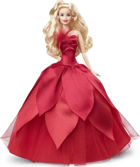 Barbie Signature 2022 Holiday Doll, Blonde Wavy Hair Wearing Red Poinsettia-Inspired Gown, Collectible with Doll Stand & Certificate of Authentici...