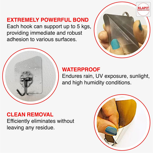 KLAPiT Super Hook - Heavy-Duty Adhesive Wall Hooks, Holds Up to 11 lbs, Waterproof, No Damage, Easy Install on Tile, Wood, Stone, Glass & Metal - ...
