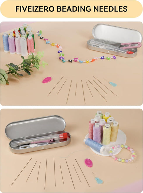 FIVEIZERO 60 Pieces Beading Needle Set, 5 Sizes Species Big Eye Beading Needles (with Threader) Needle Bottle, Yarn, Embroidery Needle, Thimble Fo...