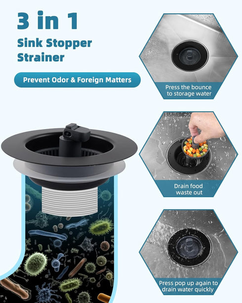 2PCS Black Kitchen Sink Strainer Stopper Combo 3-in-1 Pop Up Sink Drain with Stainless Steel Shell for US Standard 3-1/2 inch Drain Filter, Anti-c...