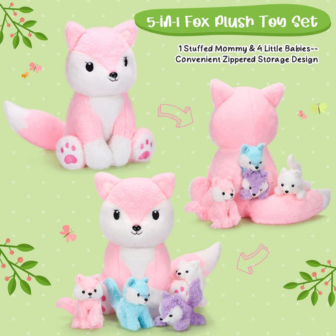 Valentine's Day Gifts 5 Pcs Fox Plush Toy Set 14 Inch Pink Mommy Fox Stuffed Animal with 4 Cute Plush Baby Foxes in Tummy Soft Cuddly Fox Plushie ...