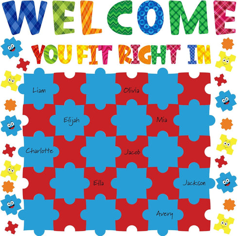 Welcome Back to School Bulletin Board with Puzzle Pieces for Classroom Welcome You Fit Right in Borders Motivational Bulletin Board Cutouts Decora...
