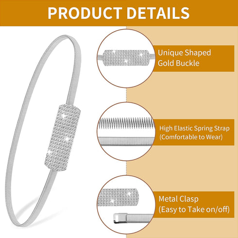 Women Skinny Metal Waist Belt, Metal Chain Stretch Elastic Waistband, Fashion Rhinestone Dress Belts for Bridal Dressy...