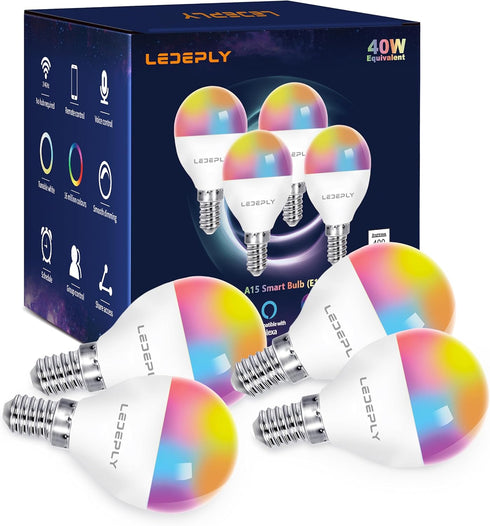 A15 LED Smart Bulb, 5W=40W,Compatible with Alexa, Google Assistant, E12 Base, Dimmable, 2.4G WiFi ONLY, RGB Color Changing, Tunable White 2700K-65...