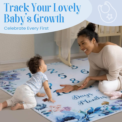 Elephant Baby Monthly Milestone Blanket, 60 x 40 Inch Soft Flannel Baby Blanket with Baby Bib Marker Frames for Newborn Baby Boy Monthly Photo Bac...