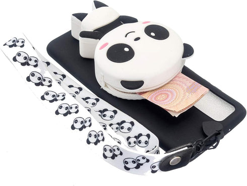Case Compatible with Samsung Galaxy A12 5G,3D Cute Animals Pandas Cartoon Soft Black Silicone Wallet Case with Wrist Strap,Cool Kawaii Funny Kids ...