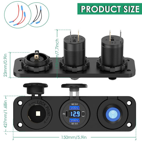 12V USB Outlet Panel 3 in 1, Dual Quick Charge 3.0 and PD3.0 USB C Car Charger Socket with LED Voltmeter, 300W Cigarette Lighter Socket and Toggle...