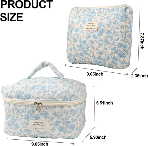 Cute Makeup Bag for Women(2 Pcs), Travel Cosmetic Bags, Quilted Coquette Aesthetic Floral Toiletry Organizer Bag (NavyBlue Flower)...