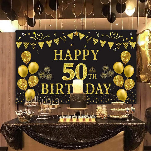Trgowaul 50th Birthday Backdrop Gold and Black 5.9 X 3.6 Fts Happy Birthday Party Decorations Banner for Women Men Photography Supplies Background...