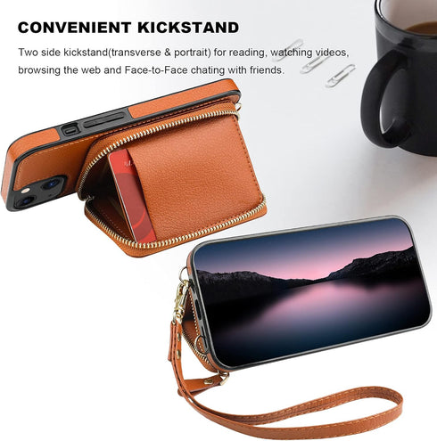 Bocasal RFID Blocking Wallet Case for iPhone 14 iPhone 13, Adjustable Crossbody Zipper Purse Case Card Holder with Kickstand Detachable Wrist Stra...