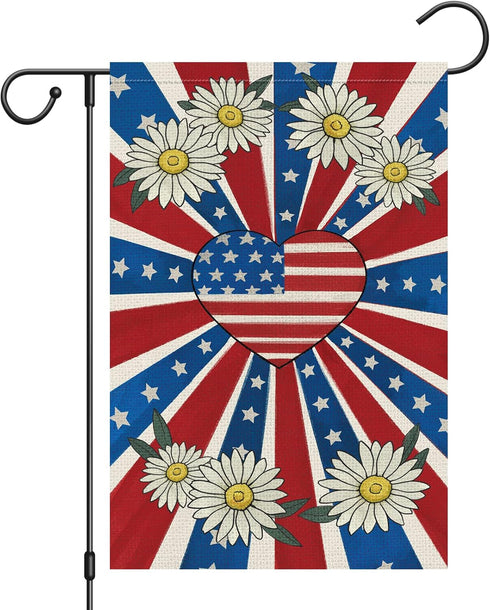 4th of July Garden Flag 12x18 Double Sided Burlap, Patriotic Memorial Day Heart USA Flag Spring Summer Daisy Garden Flags for Memorial Day Indepen...