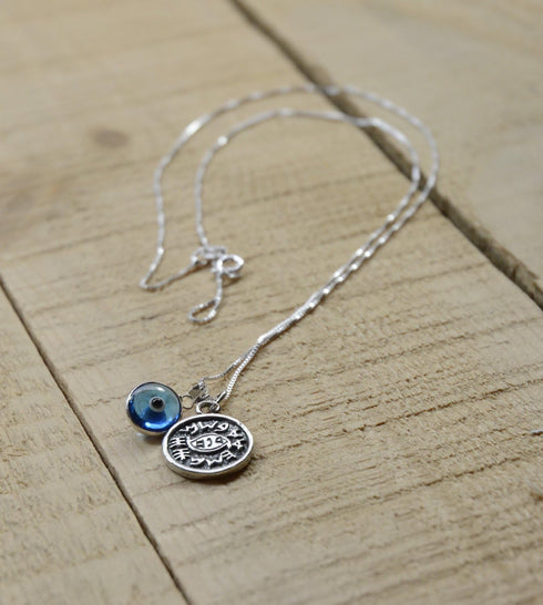 Silver Coin Protection Charm Necklace - 20" Silver Box Chain with Blue Evil Eye Glass Charm - Unisex Pendant for Protection - Includes Cotton Pouc...