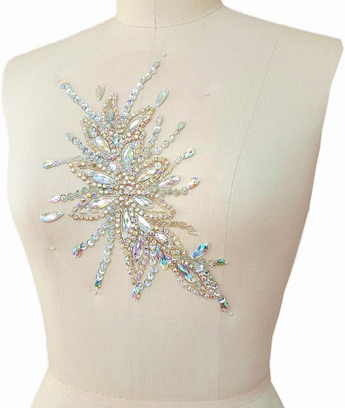 Exquisite Uniquely Pure Handmade AB Colour Bright Crystal Patches Sew-on Rhinestones Applique with Stones Sequins Beads for Wedding Dress DIY Manu...