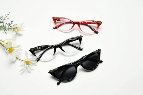 Eyekepper Womens 3 Pairs Eyeglasses Ladies' Vintage Cat Eye Eyewear, Include Sunglasses (Black Transparent/Red Transparent/Grey Lens, 0.00)...