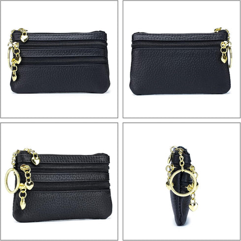 imeetu Leather Coin Keychain Purse for Women, Small Change Purse for Coins, Coin Pouch Wallet with 4 Zippered Pockets (Black)...