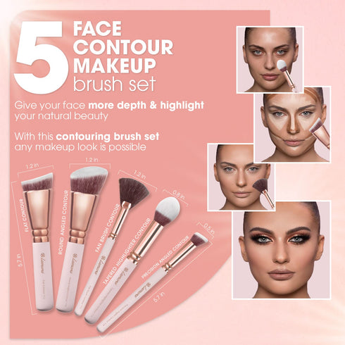 Pro Face Contour Brush Set - Synthetic Contouring Sculpting and Highlighting Kit - Cream Blush Powder Flat Nose Cheek Round Small Angled Fan Taper...
