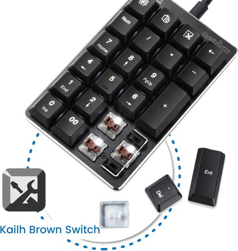 Perixx PERIPAD-303B, Backlit Mechanical Numeric Keypad - USB - Office Shortcut Keys - Full Size 22 Keys - Kailh Brown Switch Keys...