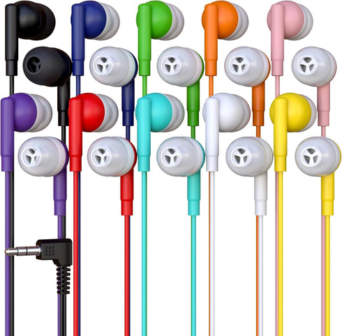10 Pack Multi Color Kid's Wired Earbud Headphones, Individually Bagged, Disposable Earbuds Ideal for Students in Classroom Libraries Schools, Bulk...