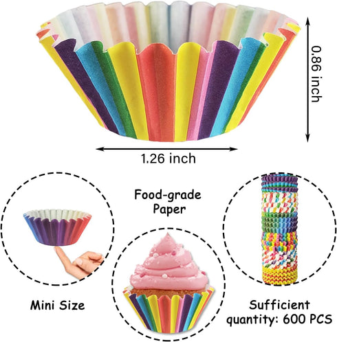 Mini Cupcake Muffin Liners - 600 Count Rainbow Paper Cupcake Liners for Baking, Small Muffin Cups Candy Wrappers, Colorful Tiny Cake Mold Chocolat...