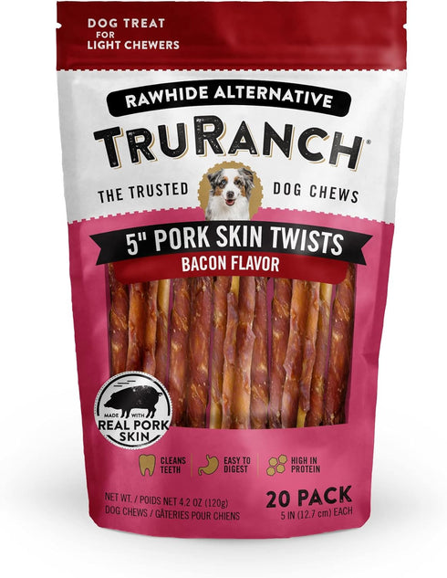 5" Pork Skin Twists, Bacon Flavor, Made with Real Pork Skin, Rawhide Alternative, Healthy Dog Chews, 1 Bag, 20 Count...