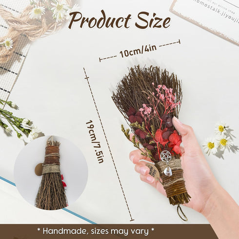 Cinnamon Broom 7.5" Witch Broom Handmade Natural Flower Crystal Witches Broom for Altar Cinnamon Broomstick Scented Herbal Protection Mini Broom A...