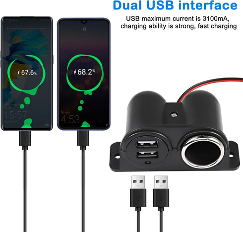 MEIRIYFA Dual USB Cigarette Lighter Socket Power Outlet Car Charger, 3.1A Dual USB + Cigarette Lighter 12/24V Power Adapter Replacement for Vehicl...