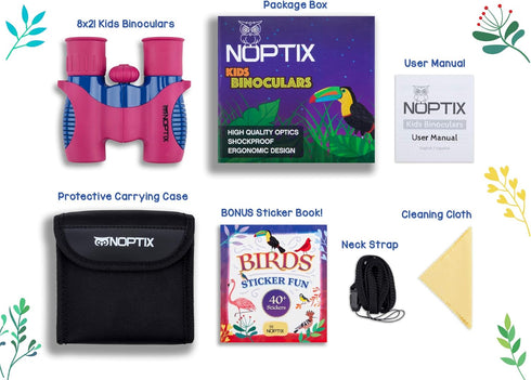 Binoculars for Kids, Girls or Boys Real Kids Binoculars in Vibrant Pink Blue - includes Sticker Book with 40 Bird Species - Kids Toys Small Binocu...