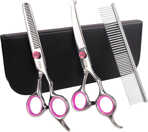 Professional Dog Grooming Scissors with Safety Round Tips, 3 in 1 Dog Grooming Scissors Kit, 4CR Stainless Steel Professional Pet Grooming Shears ...