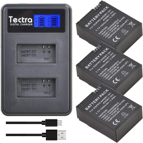 Tectra 3-Pack AHDBT-301 Hero3 Replacement Battery + LCD Dual Charger for GoPro Hero 3, GoPro Hero 3+, AHDBT-301, AHDBT-302 Cameras...