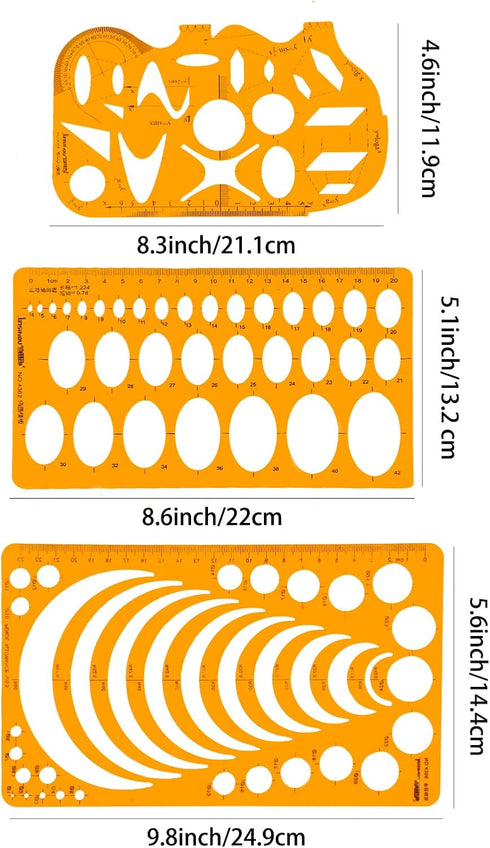 KESAPLAN 9 PCS Geometric Drawings Templates, Drafting Stencils Measuring Tools, Plastic Clear Orange Multi-Function Measuring Rulers with French C...