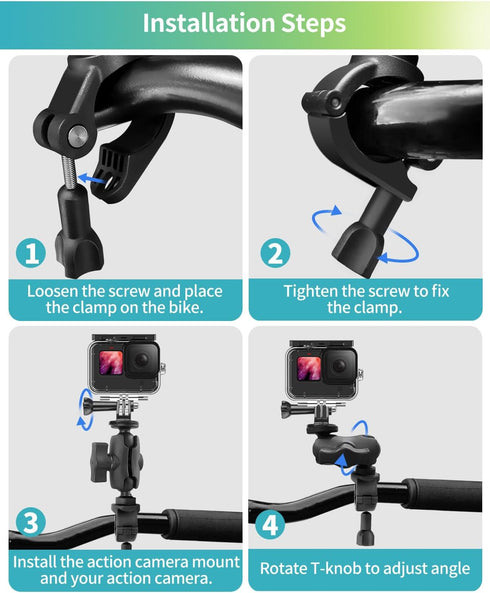Handlebar Bike Motorcycle Pole Mount Clamp Mount, 360°Rotation Ski Pole Tube Bar Mount Compatible with DJI Osmo Action Insta360 and Other Action C...