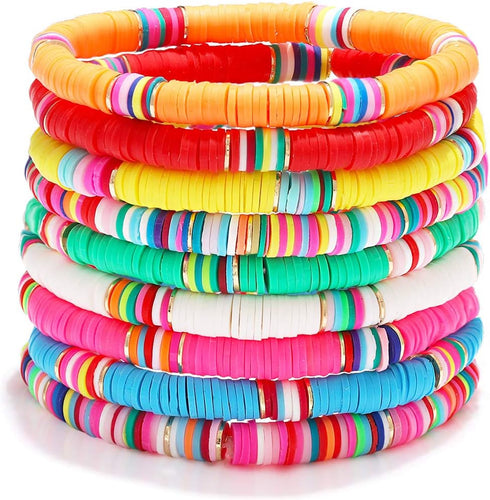 Surfer Heishi Bracelets for Women Stackable Rainbow Vinyl Disc Clay Beaded Stretch Bracelets Elastic Layering Friendship Bracelets Boho Summer Bea...