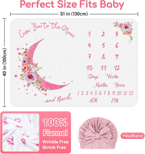 Baby Monthly Milestone Blanket, Precise Hour Moments with Knitted Hat,51”L x40”W,Recording 1 to 12 Months Moments,Thicker Extra Soft Flannel,Best ...
