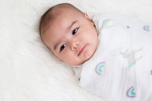 Lulujo Baby 100% Cotton Muslin Swaddle Blanket, 47 x 47-Inches, Rainbows and Unicorns...