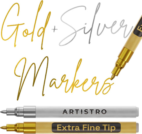 ARTISTRO 2 Gold & Silver Acrylic Paint Pens for Rock Ceramic Wood Glass Metal Fabric Plastic - 0.7mm Metallic Paint Markers Ideal for Scrapbooking...