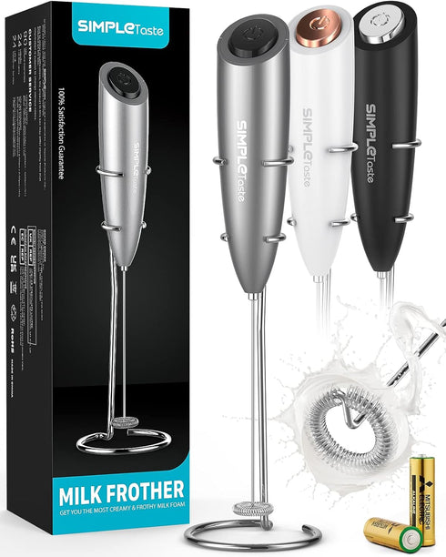 SIMPLETaste Milk Frother Handheld Battery Operated Electric Foam Maker, Drink Mixer with Stainless Steel Whisk and Stand for Cappuccino, Bulletpro...