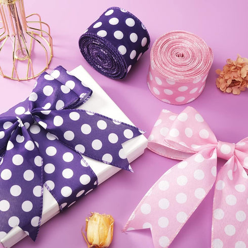 Pink and White Polka Dot Ribbon Wired Edge Ribbon, 2.5 Inch x 10 Yards Roll, Craft Ribbon for DIY Gift Wrapping Wreath Floral Arrangement Bow deco...