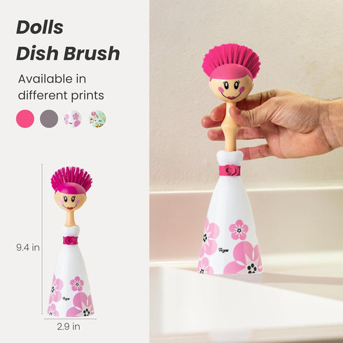 Vigar Dolls April Dish Brush with Ergonomic Handle and Dres-shaped Storage Holder - Scrub Brush for Pans, Pots, Kitchen Sink Cleaning, White, Pink...