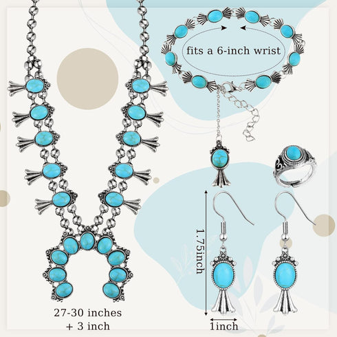 Henoyso 4 Pcs Bohemian Squash Blossom Turquoise Western Jewelry Set Vintage Metal Howlite Necklace Earrings Wrist Chain Ring for Women (Blue Turqu...