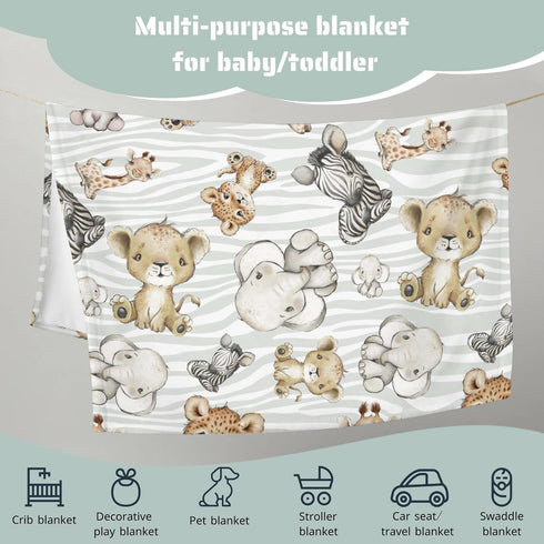 Safari Jungle African Animal Baby Blanket Boy Girl Gift Gender Neutral, Elephant Giraffe Lion Flannel Fleece Nursery Bed Blankets, Soft Lightweigh...
