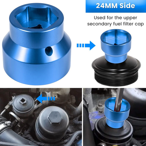 Fuel Filter/Oil Filter Socket 24mm / 36mm Reversible Fuel Filter Cap Remover and Installer Assistant for 2003-2010 6.0L / 6.4L Ford Powerstroke Di...