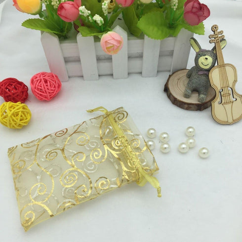 100pcs Sheer Organza Favor Bags For Wedding Baby Shower Rattan Print Gift Bags Samples Display Drawstring Pouches (3x4 inch, gold)...