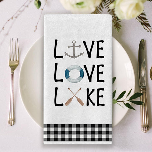 Seliem Live Love Lake House Kitchen Dish Towel Set of 2, Black White Buffalo Plaid Check Anchor Paddle Tea Bar Hand Drying Cloth, Spring Summer Fa...
