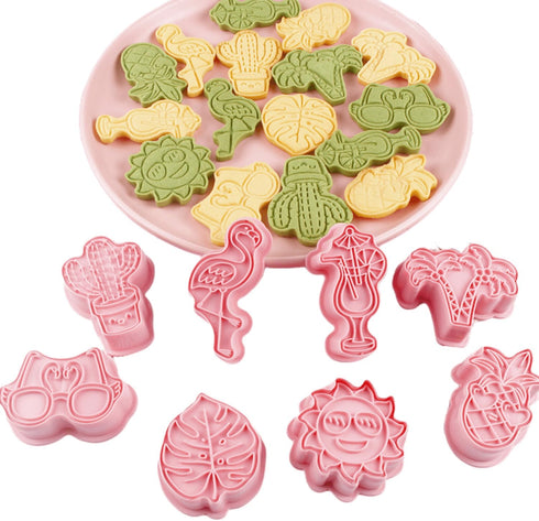 Cactus Cookie Cutter with Plunger Stamps,8 Piece Tropical Beach Themed Biscuit Cutter,3D Pineapple, Flamingo, Monstera Leaf and Palm Tree-Cracker ...