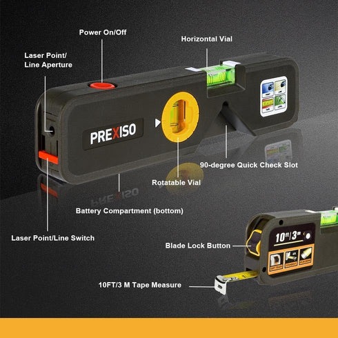 PREXISO 4-in-1 Line Laser Level Multipurpose Torpedo Level, 65Ft Alignment Point & 16Ft Laser Line & 10Ft Measure Tape Ruler & Quick Angle Setting...