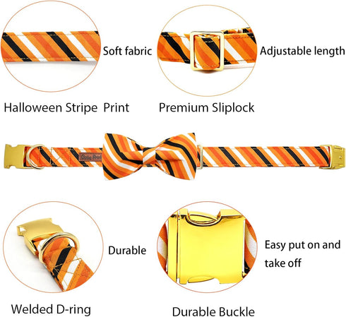 Elegant little tail Dog Collar, Fall Dog Collar Orange Stripe Holiday Pet Collar Dog Halloween Dog Bow Collar Pet Durable Adjustable Girl Boy Dog ...