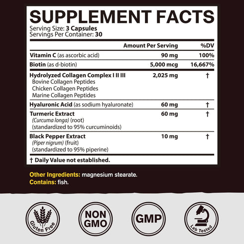 Collagen Peptides Complex, Type I, II, III, 2025 MG, Hydrolyzed Multi Collagen, VC, Biotin, HA, Turmeric & Black Pepper, for Skin, Hair, Nails, Jo...