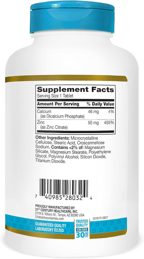 21st Century HealthCare Zinc Citrate Tablets 50mg, 360 Count, White...