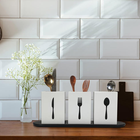 Kathfly 4 Pcs Silverware Caddy Utensil Holder for Countertop Silverware Organizer with Wood Tray Spoon Fork Holder for Kitchen Parties(White)...