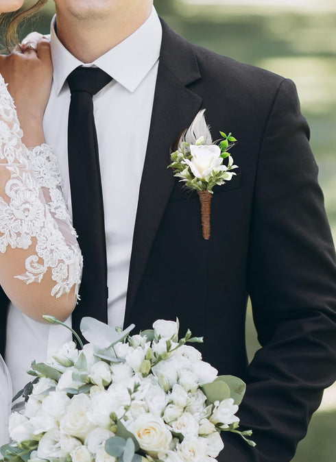 Rose Boutonniere for Men Wedding - Handmade White Corsage Feather Boutonnier for Woodland Wedding Groom Groomsmen Formal Dinner Party Ceremony Ann...